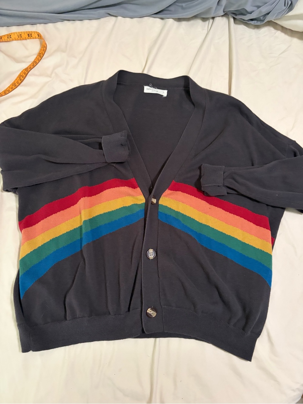 NATURAL LIFE Oversized Black Cardigan with Rainbow Stripes